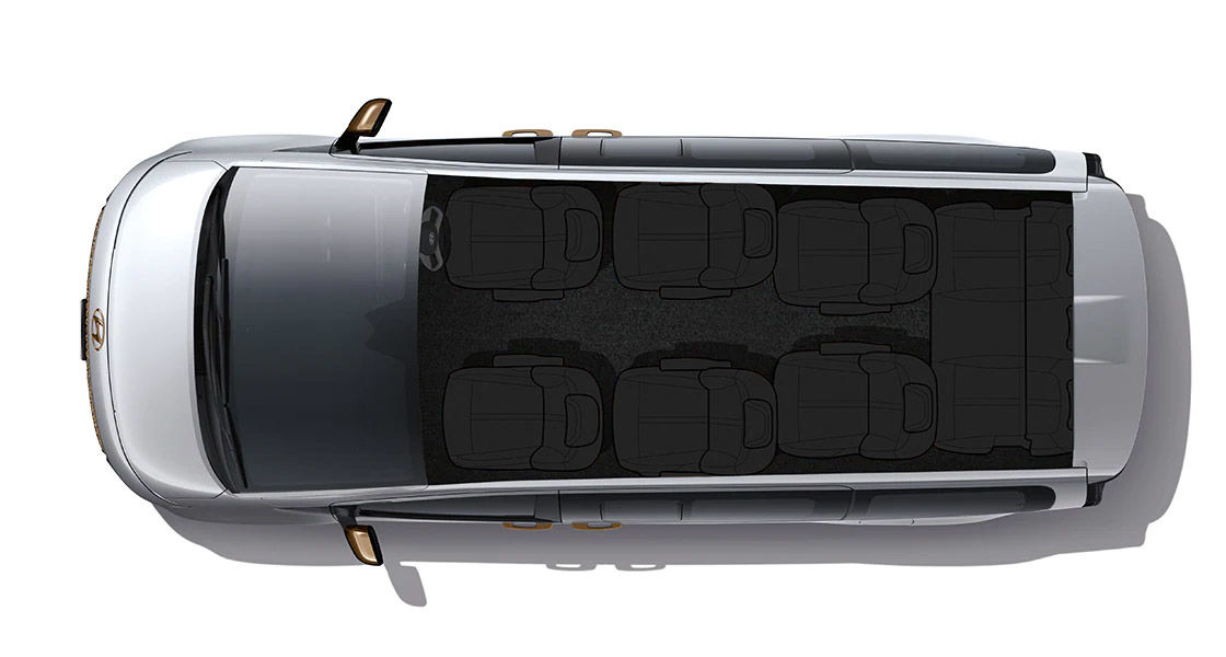 Gambar tampak atas dari Hyundai Staria memperlihatkan konfigurasi kursi/jok 9 Seaters dan 7 Seaters
